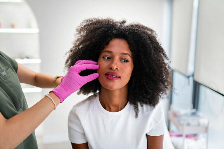 Profissional avalia a pele do rosto de uma mulher antes do tratamento de dermoabrasão