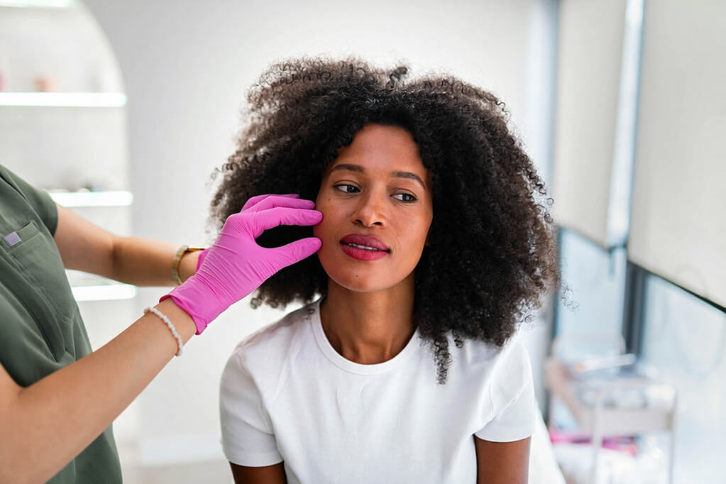 Profissional avalia a pele do rosto de uma mulher antes do tratamento de dermoabrasão